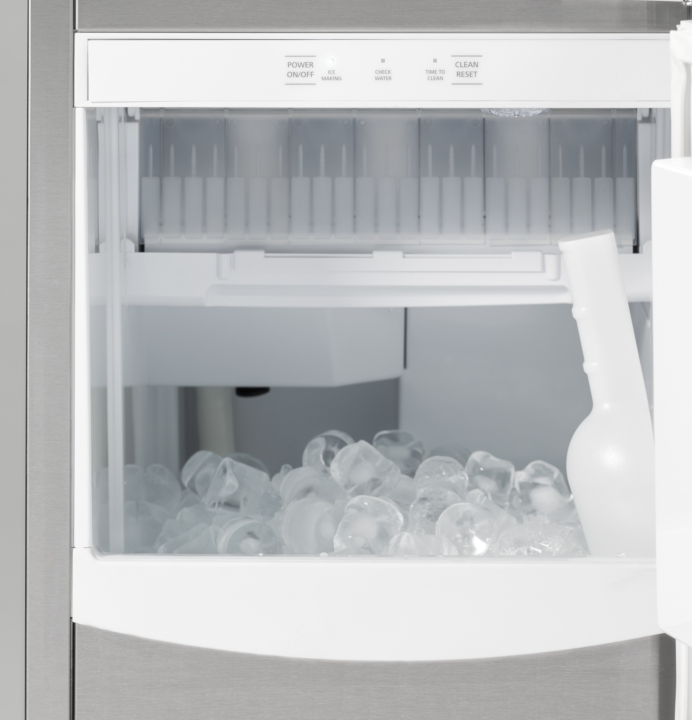 ice maker ge monogram clear gourmet makers inch appliances bin interior electric machine profile cubes under clean counter panel drain